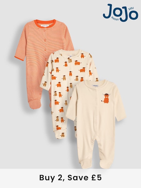 JoJo Maman Bébé Rust Cow Cotton Footed Animal Print Sleepsuits 3-Pack (B27784) | £29.50