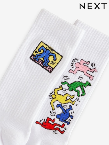White Keith Haring Embroidered Pattern Socks 2 Pack (B28047) | £7