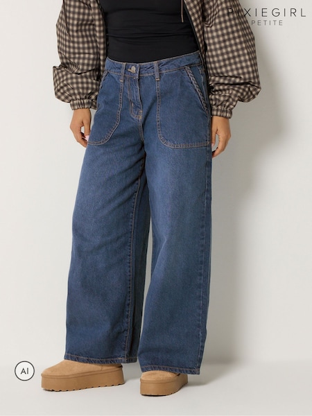 Blue - Pixiegirl Petite Plait Pocket Wide Leg Jeans