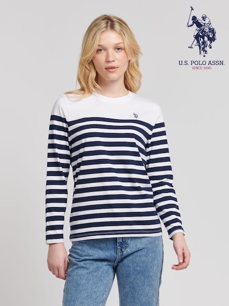 U.S. Polo Assn. Blue Regular Fit Womens Slub Stripe V-Neck 100% Cotton T-Shirt (B28519) | £35