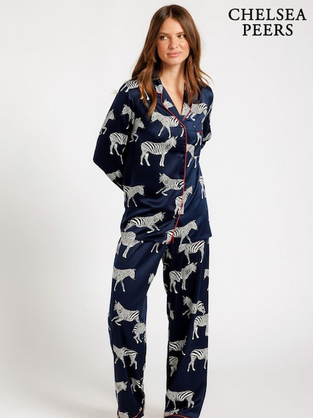 Chelsea Peers Blue Satin Zebra Print Long Pyjama Set (B28767) | £55