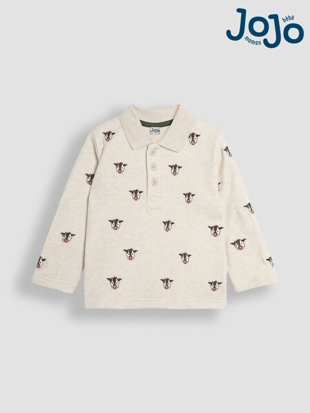 JoJo Maman Bébé Natural Friesian Cow Long Sleeve Embroidered Polo Shirt (B30258) | £7.50
