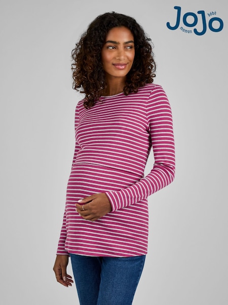 JoJo Maman Bébé Pink & Grey Stripe Ribbed Jersey Maternity & Nursing Top (B30827) | £29.50