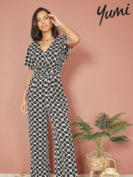 Yumi Black Geometric Print Wrap Jumpsuit (B34372) | £55