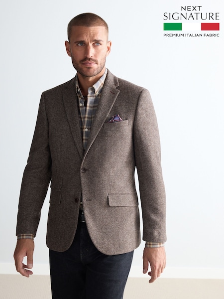 Taupe Brown Regular Fit Nova Fides Signature Herringbone Wool Blazer (B35373) | £135