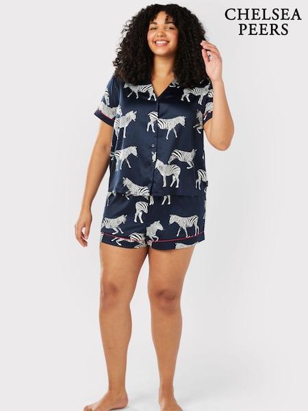 Chelsea Peers Blue Curve Curve Satin Zebra Print  Short Pyjama Set (B35421) | £45