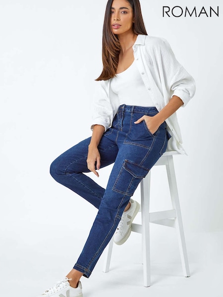 Roman Blue Cotton Blend Cargo Stretch Jeans (B35426) | £38