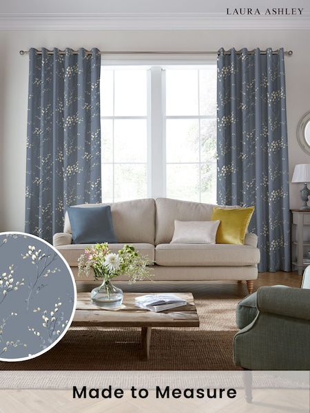 Laura Ashley Dark Seaspray Blue Pussy Willow Made to Measure 100% Cotton Curtains (B35809) | £91