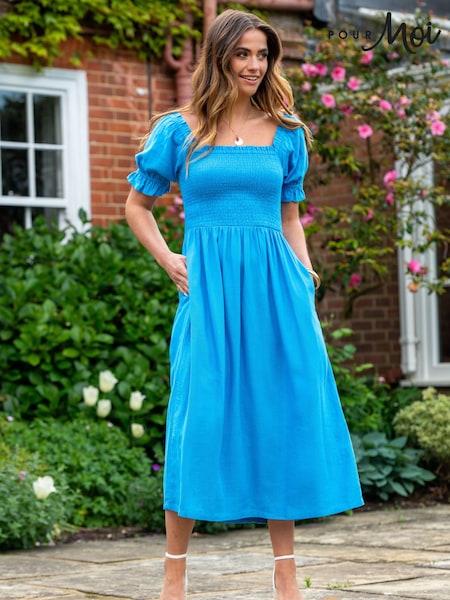 Pour Moi Blue Daisy Shirred Bodice Short Sleeve Linen Blend Midi Dress (B36130) | £59