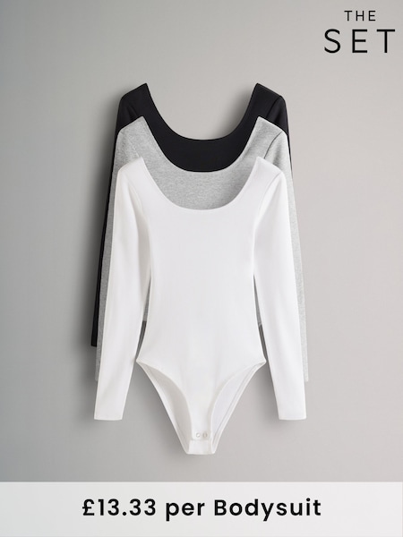 The Set Grey/Black/White 3 Pack Ribbed Long Sleeve Bodysuits (B36333) | £40