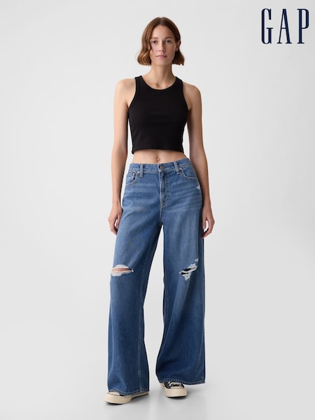 Gap Blue Distressed Knee Mid Rise UltraSoft Baggy Jeans (B36360) | £38