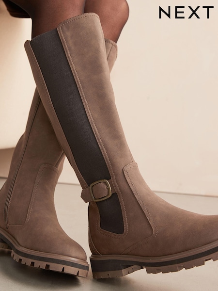 Chocolate Brown Extra Wide Fit Forever Comfort® Knee High Buckle Chelsea Boots (B36765) | £59