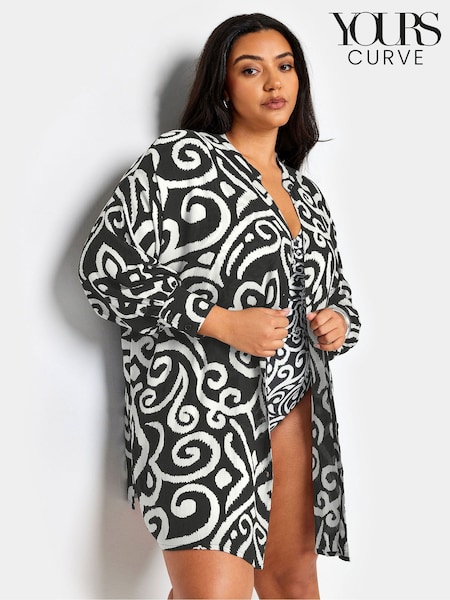 Yours Curve Black Abstract Print Crinkle Beach Shirt (B36946) | £28
