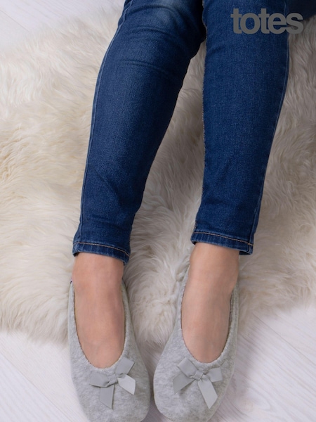 Totes Grey Isotoner Terry Ballet Slippers With Bow (B37122) | £18