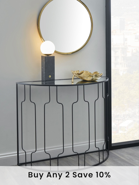 Pacific Black Mirrored Glass and Metal Half Moon Console Table (B37396) | £180