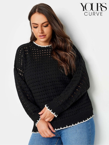 Yours Curve Black Tipped Edge Crochet Jumper (B37466) | £29