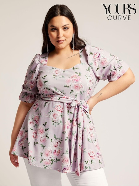 Yours Curve Pink Floral Puff Sleeve Peplum Top (B37485) | £39