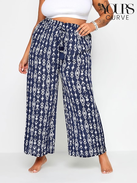 Yours Curve Blue Navy Ikat Print Crinkle Tassel Trousers (B37891) | £25
