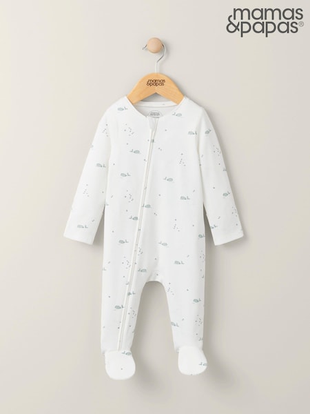Mamas & Papas 100% Cotton Whale Print Zip White Sleepsuit (B38704) | £15