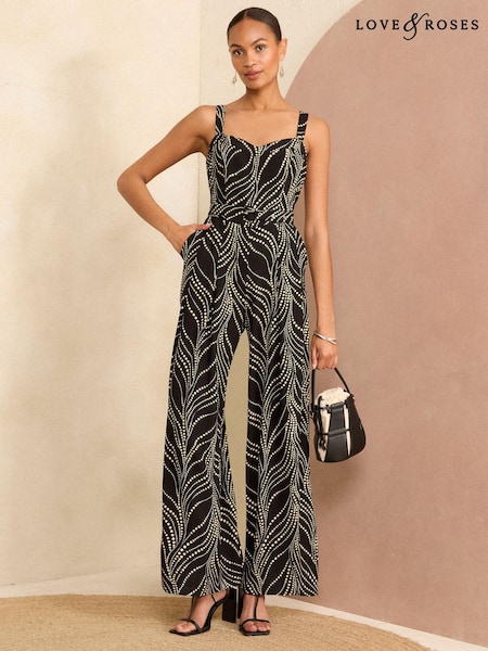 Love & Roses Black/White Wide Leg Cami Belted Jumpsuit (B38915) | £68
