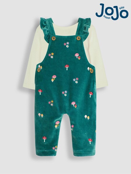 JoJo Maman Bébé Green Toadstool Embroidered Velour Dungarees and Top Set (B39140) | £18