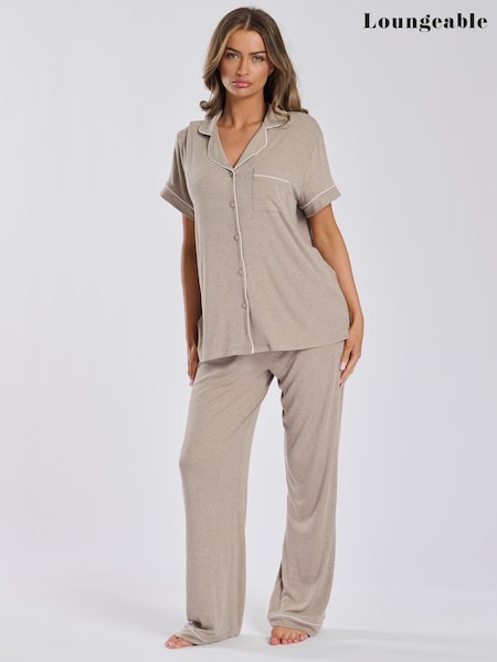 Loungeable Cream Short Sleeve and Long Bottom Traditional Pyjama Set (B39247) | £32