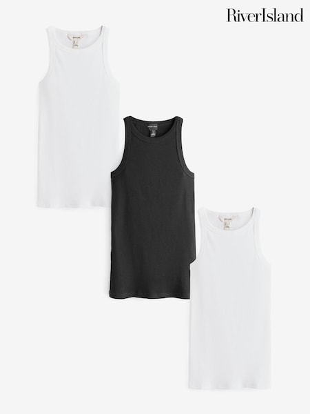 River Island Black/White Racer 100% Cotton Vests 3 Pack (B39599) | £30