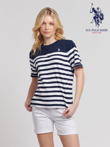 U.S. Polo Assn. Blue Womens Regular Fit Stripe 100% Cotton T-Shirt (B39968) | £30