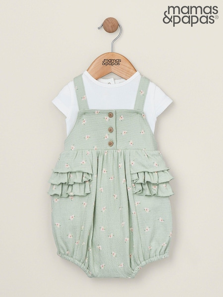 Mamas & Papas Green Hibiscus 100% Cotton Bodysuit And Shortie Romper Set 2 Piece (B40351) | £25
