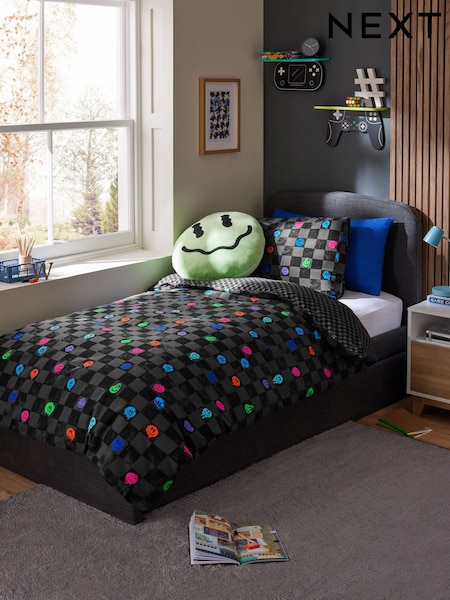Black/White Checkerboard Happy Face Supersoft Brushed 100% Cotton Duvet Cover and Pillowcase Set (B40716) | £30 - £40