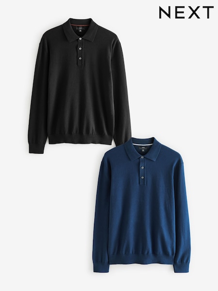 Black/Navy Blue Regular Fit Knitted Long Sleeve Polo Shirts 2 Pack (B41405) | £56