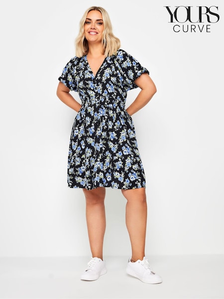 Yours Curve Blue Floral Print Button Through Dress (B41927) | £34