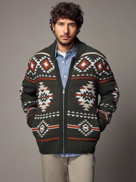 Green Navajo Style Regular Fit Pattern Shawl Zip Through Jumper with Wool (B42388) | £18