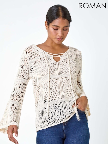Roman White Crochet Tie Front Tunic Top (B42410) | £40