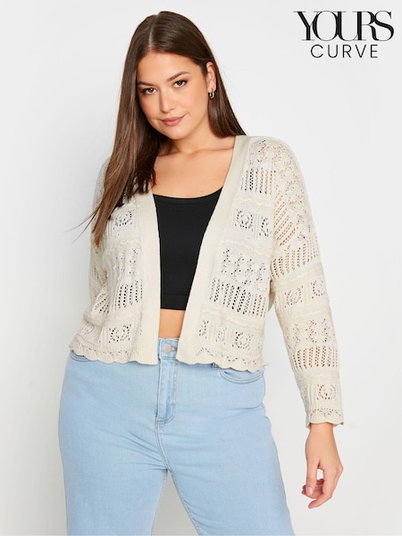 Yours Curve Ivory White Pure 100% Cotton Cropped Pointelle Cardigan (B42924) | £29