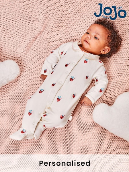 JoJo Maman Bébé Strawberry Baby Personalised Embroidered Cotton Sleepsuit (B43241) | £27