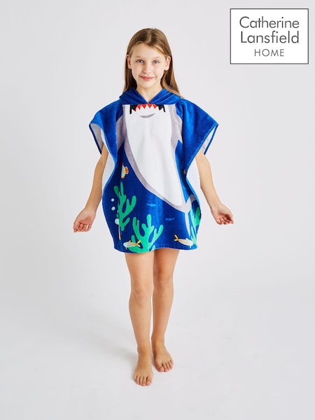 Catherine Lansfield Blue Shark Hooded Poncho 100% Cotton Towel (B43247) | £10