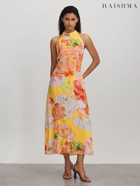 Pale Yellow - Raishma Silk Halter Neck Midi Dress
