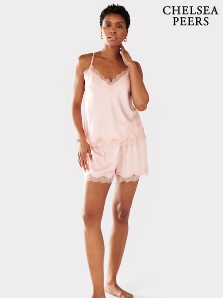 Chelsea Peers Pink Satin Lace Trim Cami Short Pyjama Set (B44282) | £35