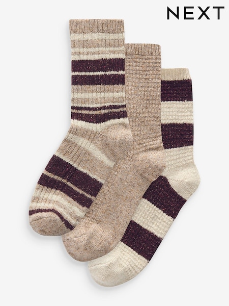 Berry/Ecru Stripe Thermal Wool Blend Ankle Socks 3 Pack With Silk (B44377) | £15