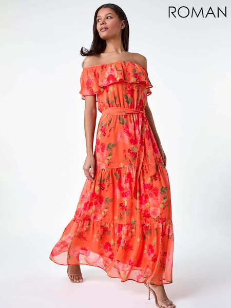 Roman Orange Floral Tiered Bardot Belted Dress (B44635) | £65
