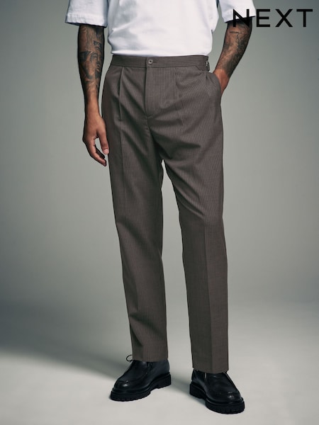 Brown Adjustable Stripe Wool Blend Side Adjuster Trousers (B44638) | £55