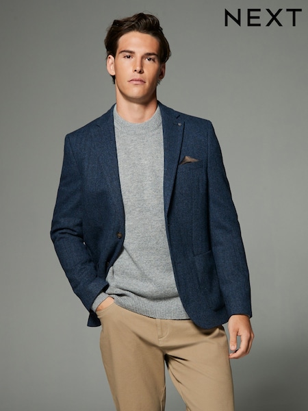 Blue Regular Fit Wool Rich Herringbone Blazer (B45285) | £99