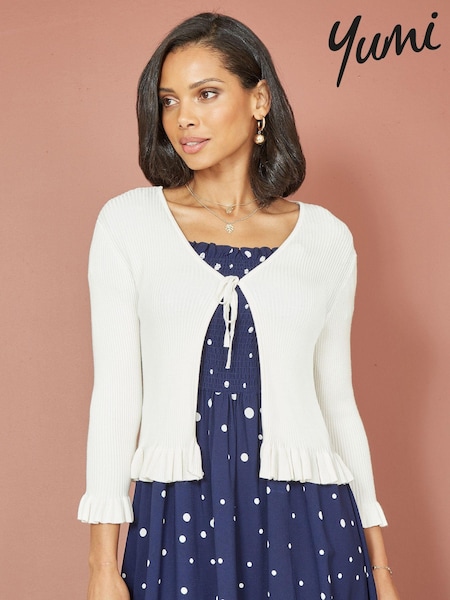 Yumi White Tie Up Ribbed Cardigan With Frill Hem (B46318) | £40