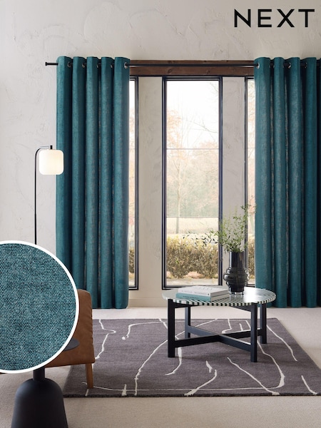 Teal Blue Matte Chenille Lined Eyelet Curtains (B46324) | £70 - £160