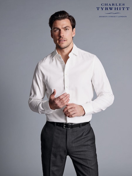 Charles Tyrwhitt White Slim Fit Noniron Cotton Linen Shirt (B46924) | £65