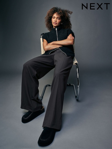 Charcoal Grey Drawstring Waist Tie Front Wide Leg Trousers (B47422) | £30
