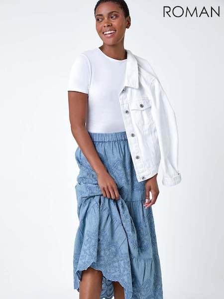 Roman Blue Broderie Tiered Stretch 100% Cotton Midi Skirt (B47546) | £35