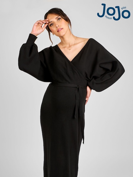 JoJo Maman Bébé Black Knitted Blouson Sleeve V-Neck Maternity Dress (B48748) | £49.50