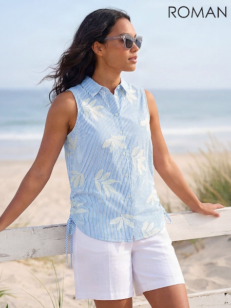 Blue - Roman Stripe Leaf Embroidered Button Blouse
